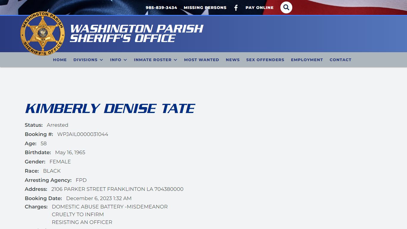 View Roster - KIMBERLY DENISE TATE | Washington Parish Sheriff's Office LA